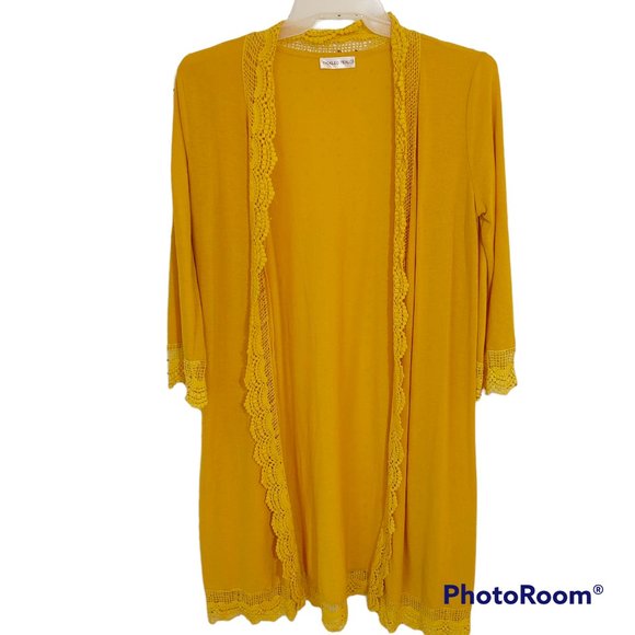 Tickled teal Sweaters - Final markdown TICKLED TEAL 1X  open cardigan with crochet details mustard - t2